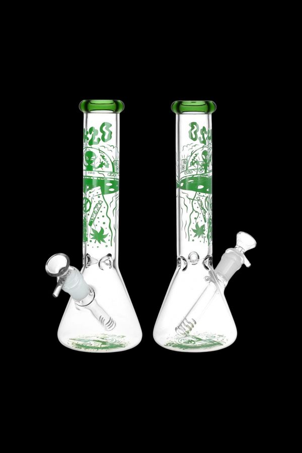 Two glass bongs with green cannabis leaf designs.