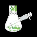 Glass bong with cannabis leaf design.