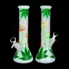 Two glass bongs with cannabis leaf designs against a black background.