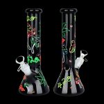 A black glass bong decorated with glowing green and red cannabis-themed designs, including leaves, eyes, and “420” text, against a black background.