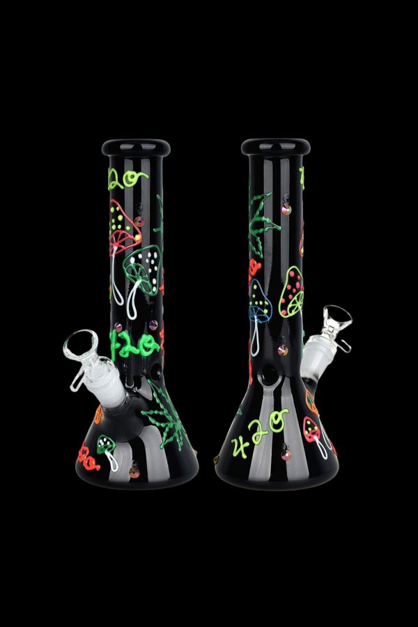 A black glass bong decorated with glowing green and red cannabis-themed designs, including leaves, eyes, and “420” text, against a black background.