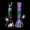 Purple glass bong with cosmic and cannabis-themed decals against a black background.