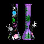 Purple glass bong with cosmic and cannabis-themed decals against a black background.