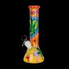 Colorful glass bong with peace sign and cannabis leaf design.