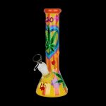 Colorful glass bong with peace sign and cannabis leaf design.