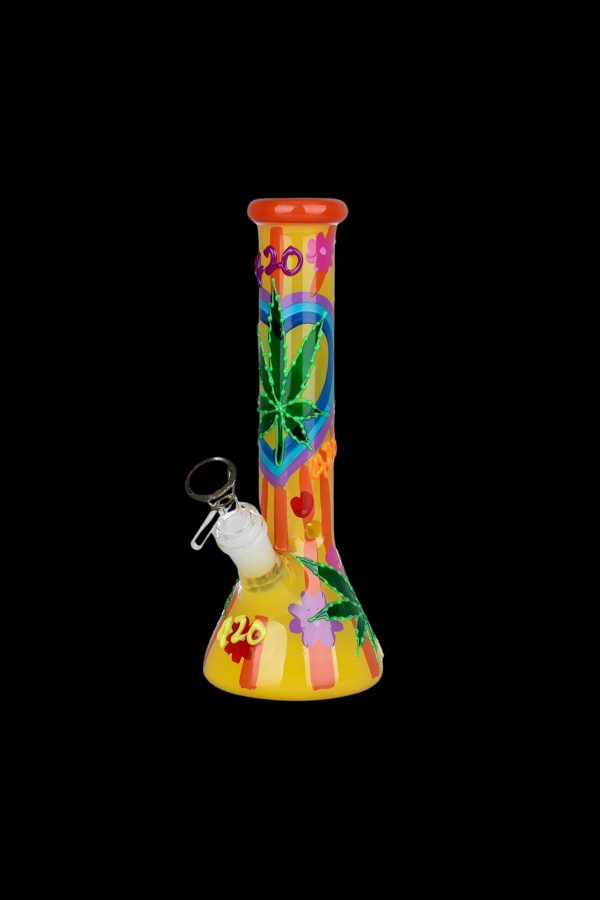 Colorful glass bong with peace sign and cannabis leaf design.