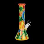 Colorful glass bong with cannabis leaf designs against a black background.