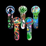 Colorful glass pipes with psychedelic and cosmic designs on a black background.