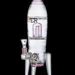 Glass rocket ship-shaped water pipe with pink accents, isolated on a black background.
