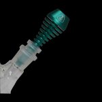 Teal cannabis grinder with visible teeth and chamber.