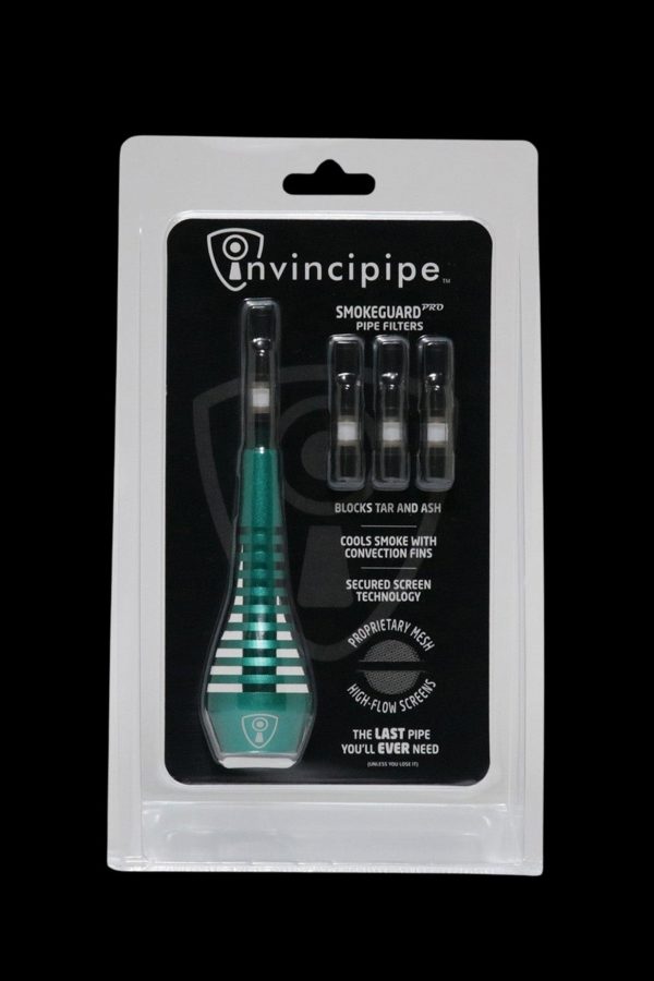 Packaging for “Invincpipe” smoke filters, featuring two green filters with black accents and marketing text emphasizing tar/ash blocking and cooling technology.