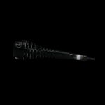 Black cannabis oil vape pen with a clear cartridge, isolated on a black background.