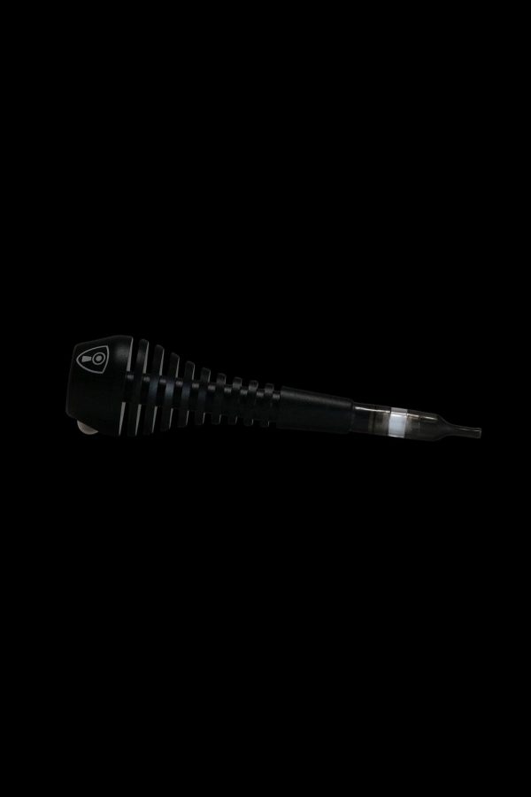 Black cannabis oil vape pen with a clear cartridge, isolated on a black background.