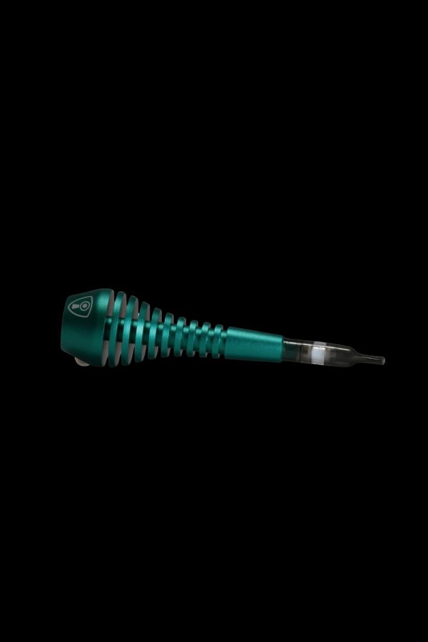 Emerald green cannabis oil vaporizer pen isolated on a black background.