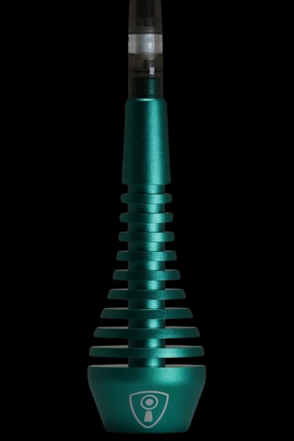 Emerald green cannabis vaporizer pen with a shield-shaped logo.