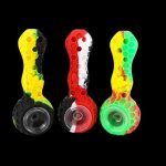 Colorful silicone smoking pipes arranged in a row on a black background.