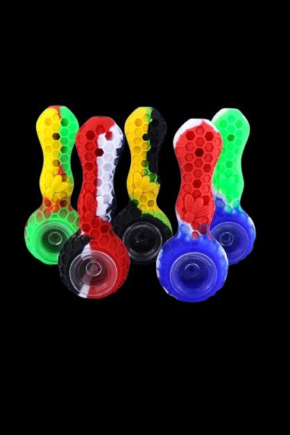 Colorful silicone smoking pipes arranged against a black background.