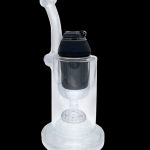 Clear glass dab rig with black heating element and mouthpiece.