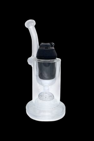 Clear glass dab rig with black heating element and mouthpiece.