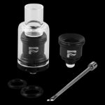 Quartz banger with accompanying tools and silicone gaskets, isolated on a black background.