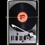 Zippo lighter featuring a vinyl record player design with a red “7” logo, branded “Pulsar.”