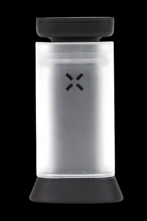 Frosted glass Pax Plus vaporizer with black accents, studio shot.