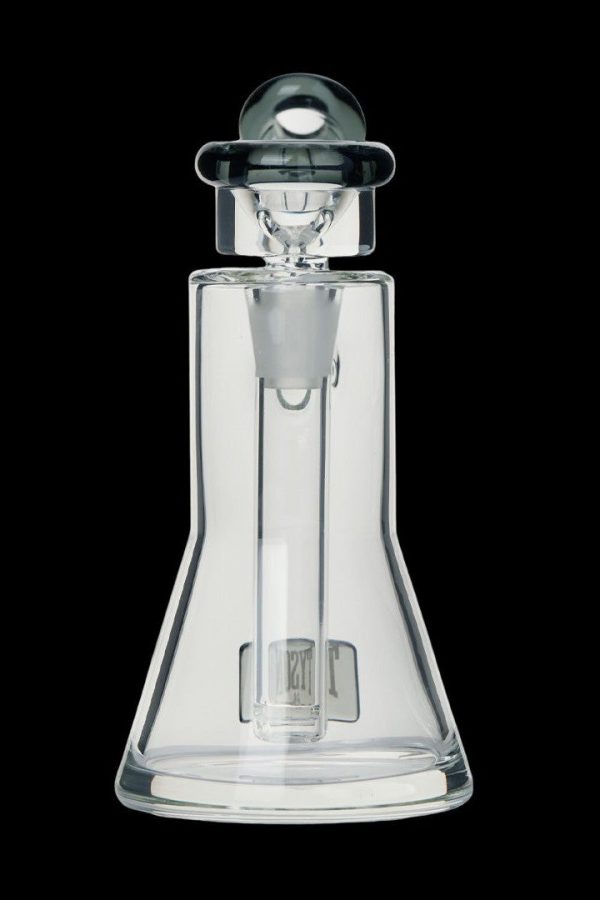 Clear glass dab rig with intricate design and angled mouthpiece.