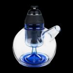 Clear glass water pipe with blue accents and a black silicone cap, against a black background.