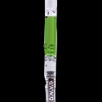Glass cannabis oil rig with green accents and a skull design, isolated on a black background.