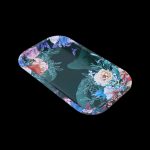 Floral rolling tray with colorful botanical illustrations on a dark green background.