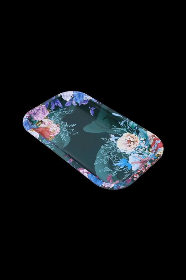 Floral rolling tray with colorful botanical illustrations on a dark green background.