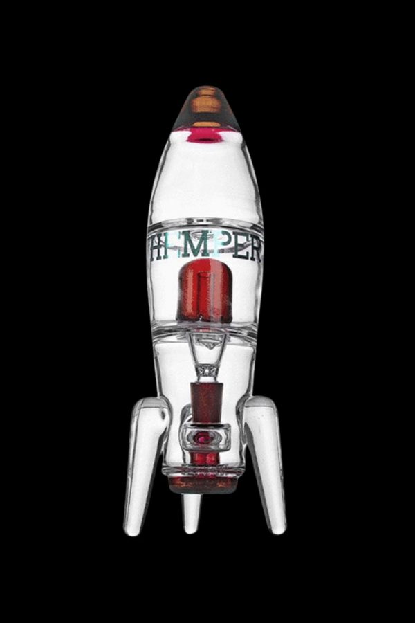 Glass rocket ship water pipe with red accents against a black background.