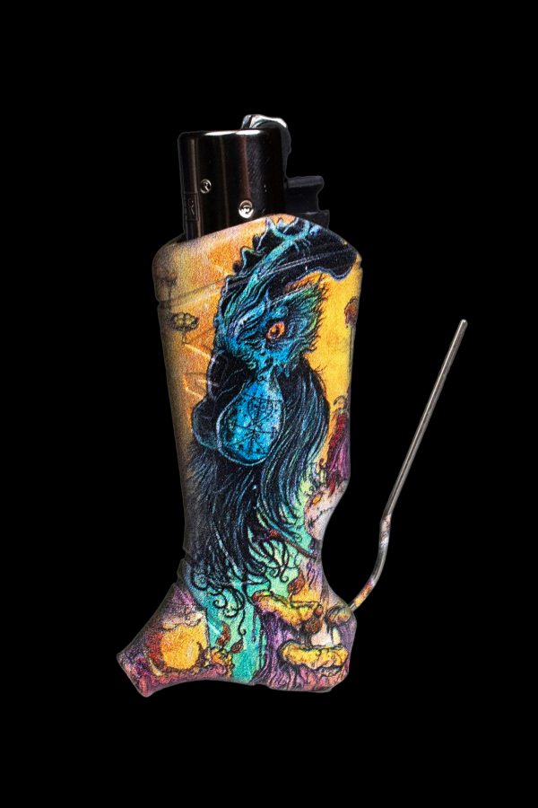 A lighter decorated with a vibrant, colorful dragon design and accompanied by a metal cleaning tool, set against a black background.