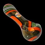 Red, green, and black striped glass pipe for cannabis use.