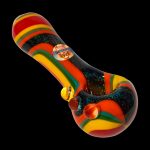 Hand-blown glass pipe with vibrant red, yellow, and green stripes against a black speckled background.