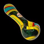 Colorful glass cannabis pipe with a speckled black bowl.