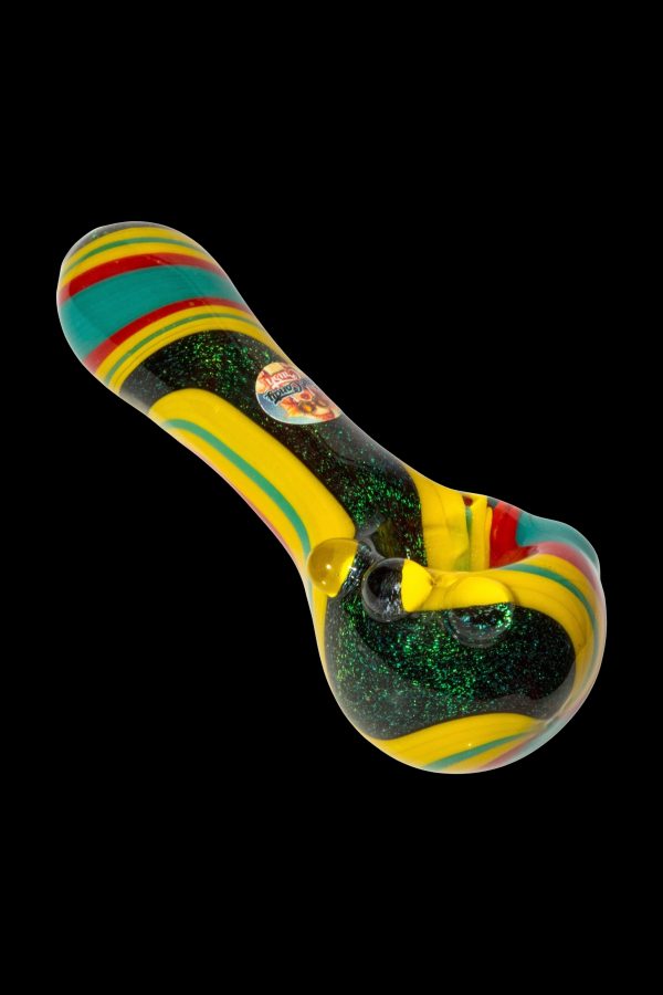 Colorful glass cannabis pipe with a speckled black bowl.