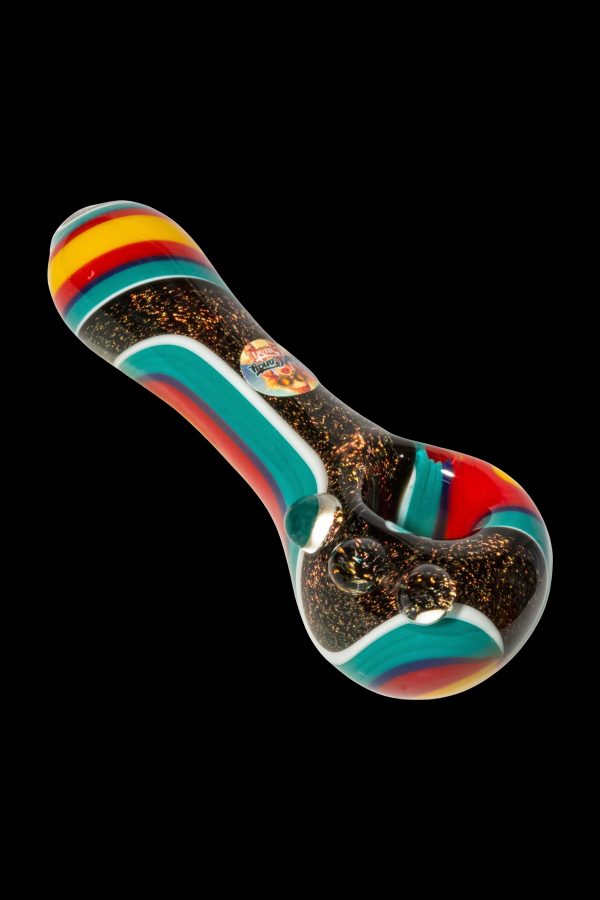 Colorful glass smoking pipe on a black background.