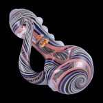 Hand-blown glass cannabis pipe with pink and white striped pattern.