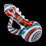 Colorful glass cannabis pipe with swirling stripes and a branded sticker.