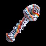 Colorful glass pipe with swirling stripes and a uniquely shaped bowl, isolated on a black background.