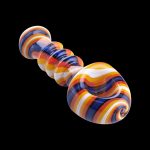 Colorful glass cannabis pipe with a bulbous end and textured stem.