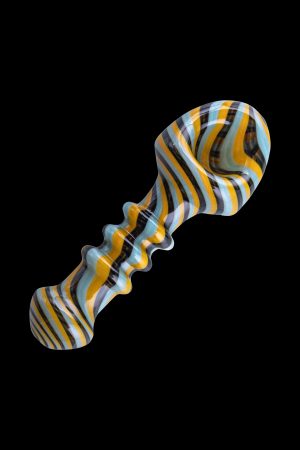 Hand-blown glass dab rig with blue, yellow, and black stripes.
