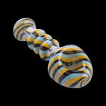 Hand-blown glass bubbler with swirling blue, yellow, and black stripes.