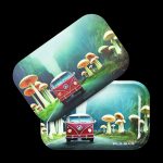 Two metal rolling trays depicting a vintage Volkswagen van driving through a whimsical forest of glowing mushrooms, branded with "Pulsar."