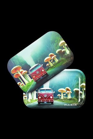 Two metal rolling trays depicting a vintage Volkswagen van driving through a whimsical forest of glowing mushrooms, branded with "Pulsar."