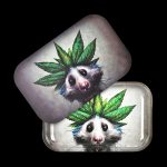Metal rolling tray with a photorealistic painting of a hedgehog with cannabis leaves for quills, closed and open views."