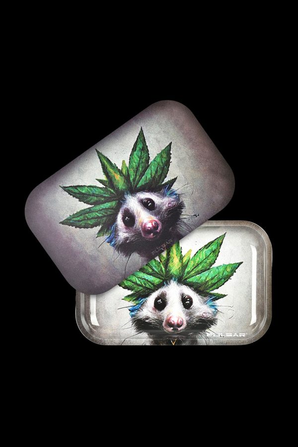 Metal rolling tray with a photorealistic painting of a hedgehog with cannabis leaves for quills, closed and open views."