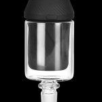 Glass bubbler with black silicone cap for cannabis use.