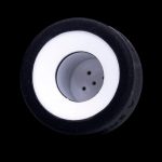 Close-up of a black cannabis pipe bowl with a white ring and multiple air holes.